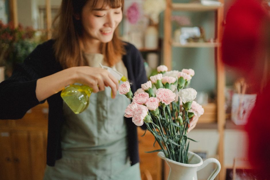 A woman with shoulder-length brown hair, wearing a beige apron and a black cardigan, is smiling while watering a bouquet of pink and white carnations arranged in a white ceramic pitcher. She is standi